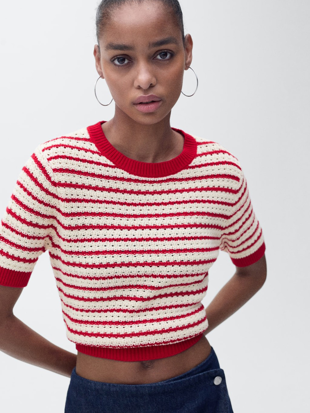 MANGO Horizntally Self-Striped Open-Weave Cropped Pure Cotton Crochet Top