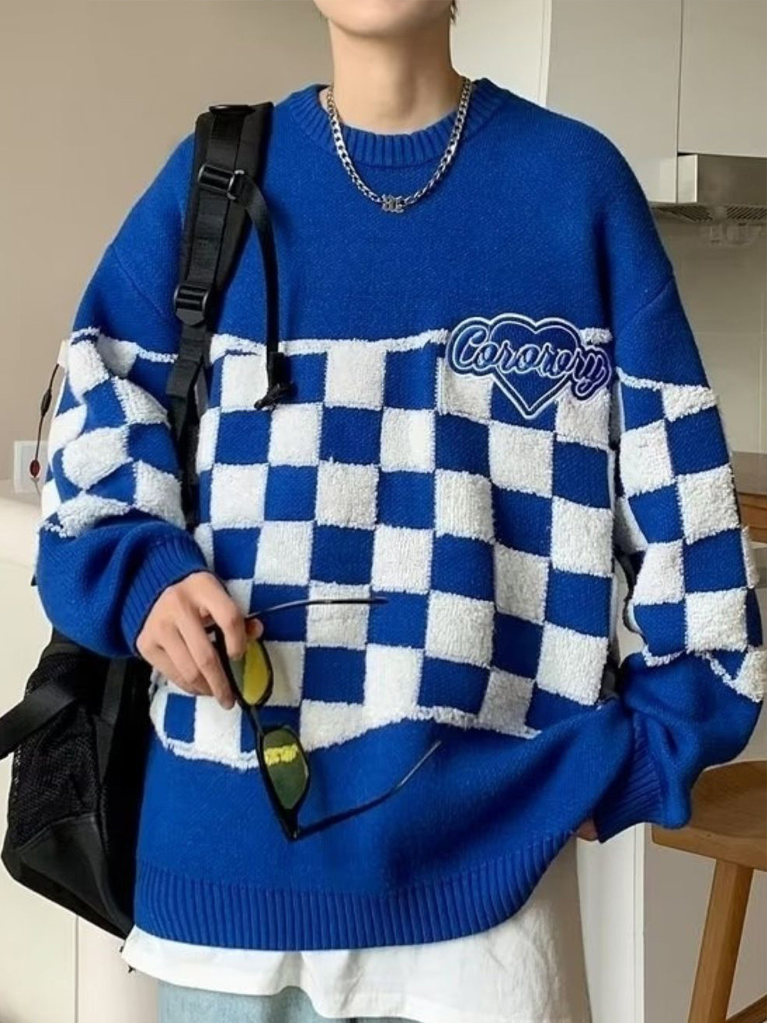 KPOP Men Round Neck Long Sleeves Checked Pullover