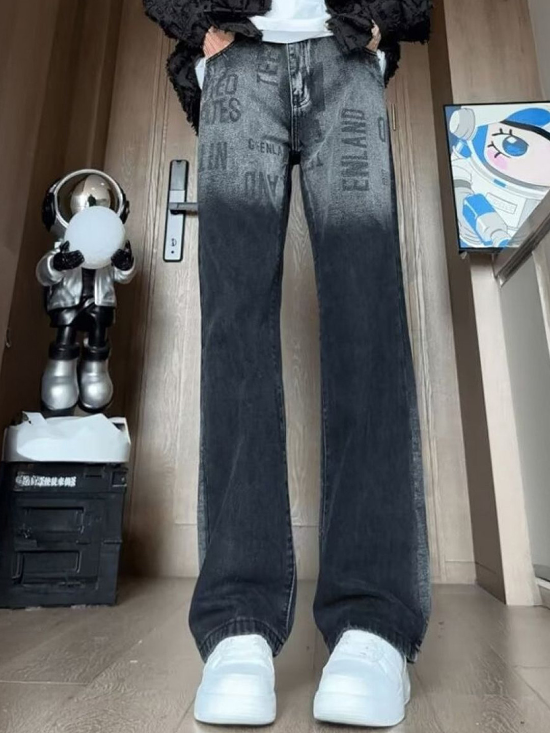 KPOP Men Typography Printed Cotton Urban Slim Slim Fit Wide Leg Trousers