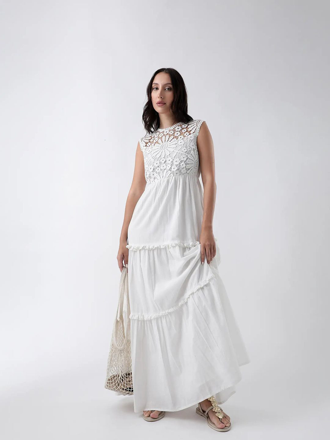 RAREISM Self Design Bhamona Primary White Fit & Flare Maxi Dress