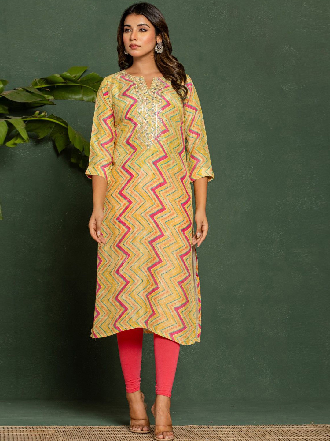 AUTUMN LANE Palki Apricot Chevron Printed Notch Neck Thread Work Straight Kurta