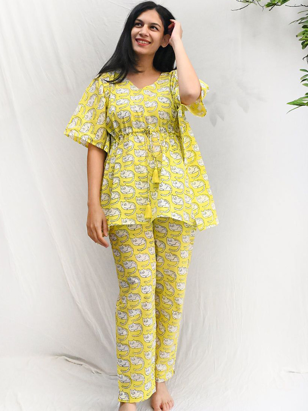 PHUTARI Meow Chill Jams Block Printed Pure Cotton Tunic With Trousers Nightsuit