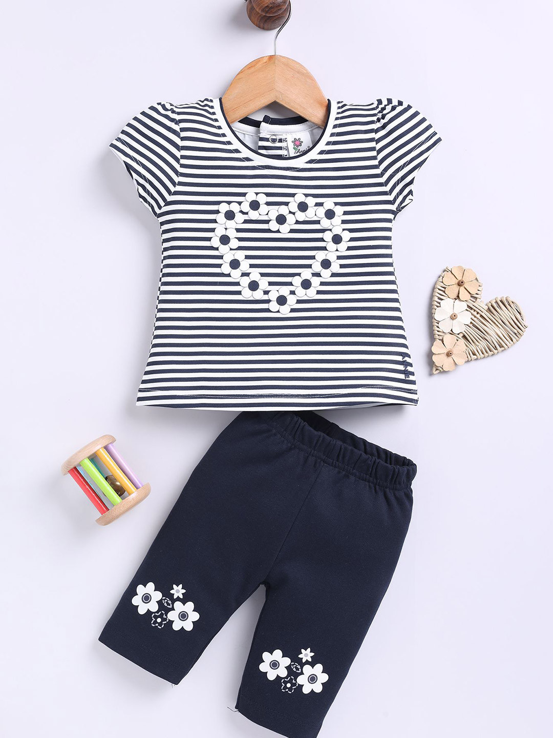 Annie Girls Striped Short Sleeves Pure Cotton Top With Trouser