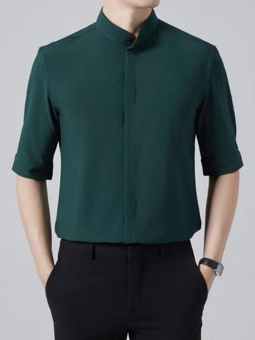 Green High Neck Three-Quarter Sleeves T-shirt