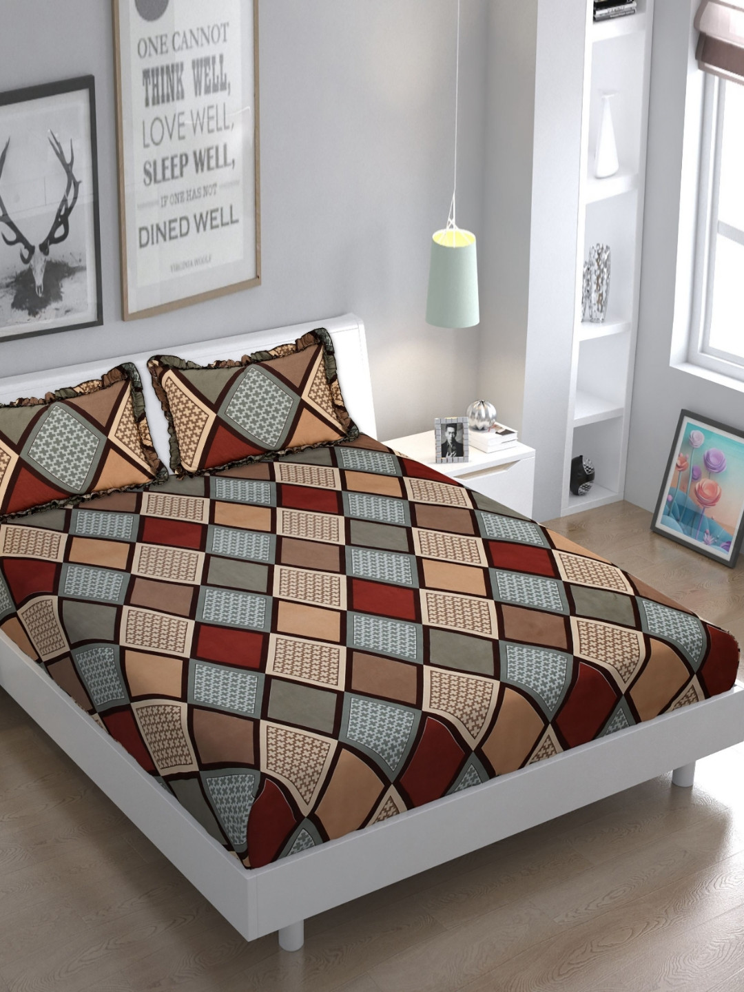 Luxmi Cotton Fabrics Red Geometric Polycotton 144 TC Queen Bedsheet with 2 Pillow Covers-94 x 89 inches