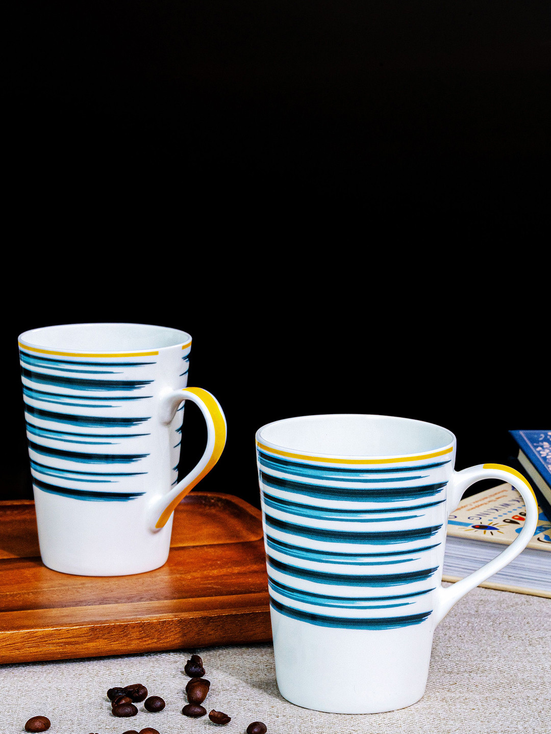 GOODHOMES Donald White Striped Bone China Microwave Safe 2 Piece Mugs-360ml