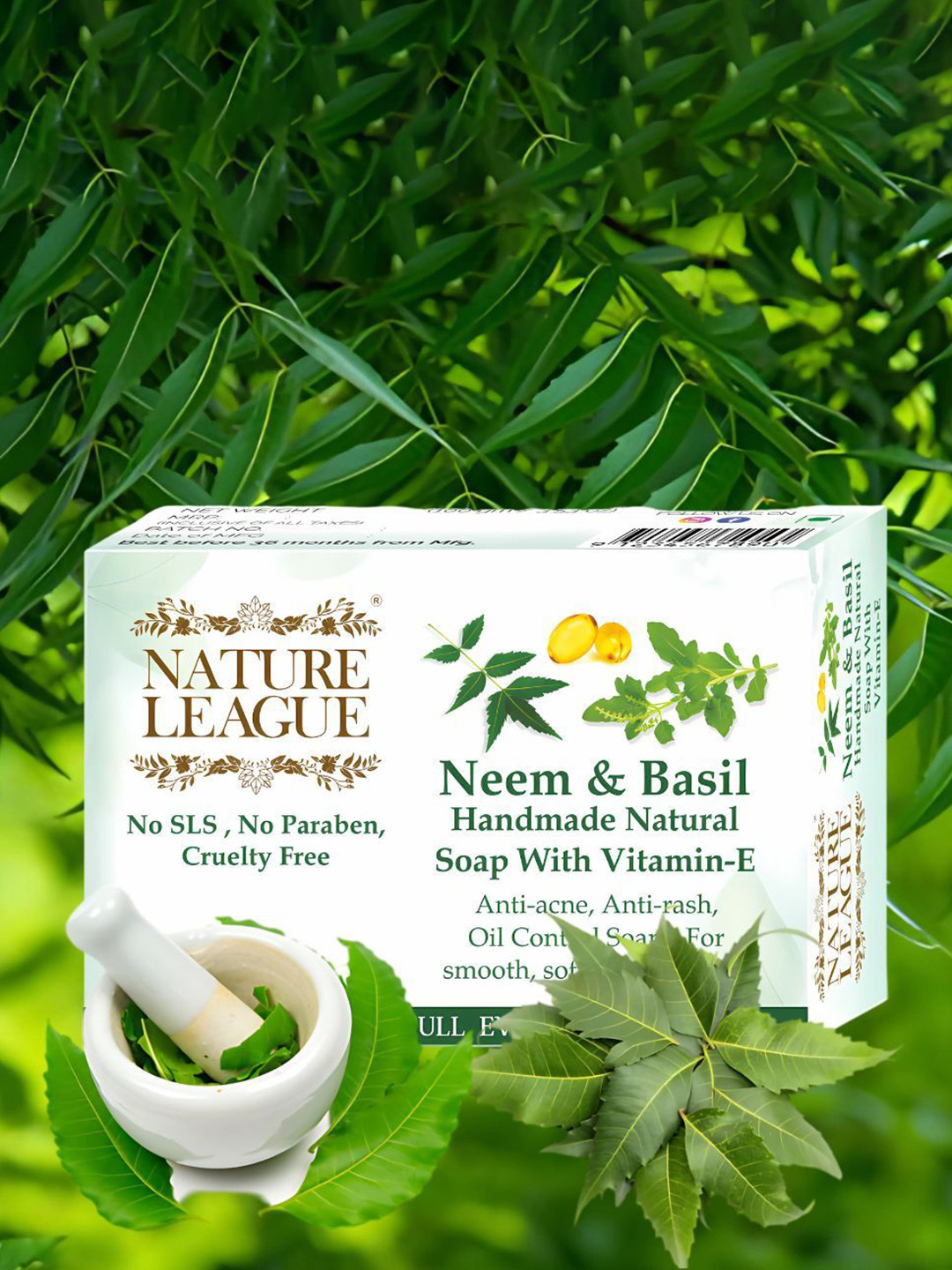NATURE LEAGUE Set Of 12 Neem & Basil Skin Nourishing Anti-Acne Soap - 100 g Each