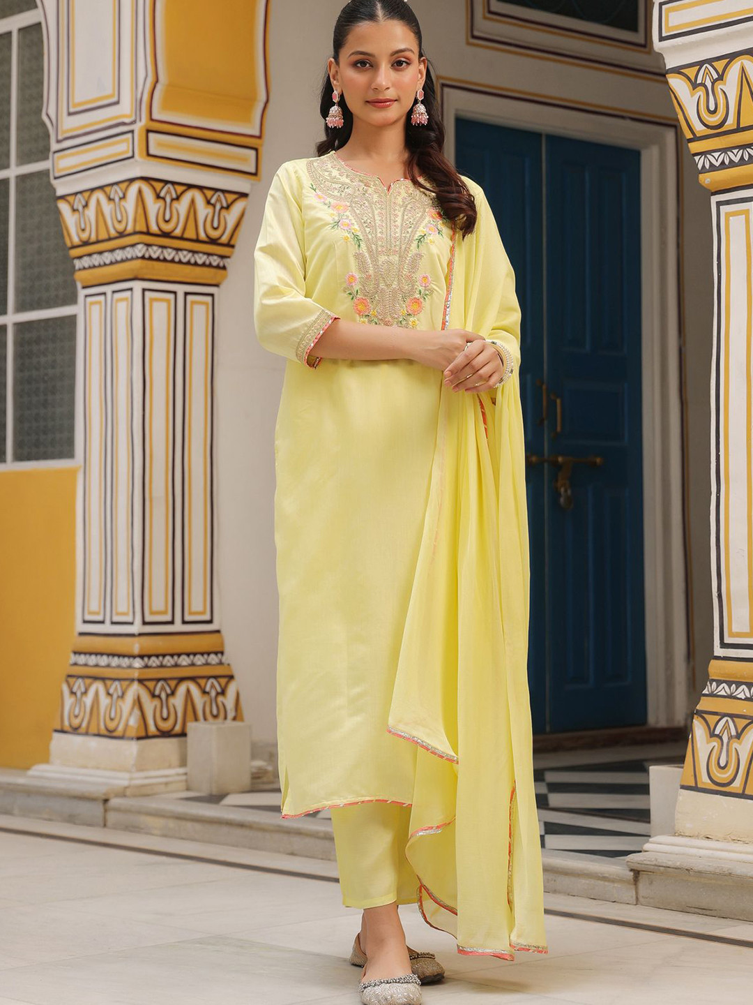 SCAKHI Women Floral Yoke Yellow Chanderi Silk Zari Embroidered Straight Suit Set
