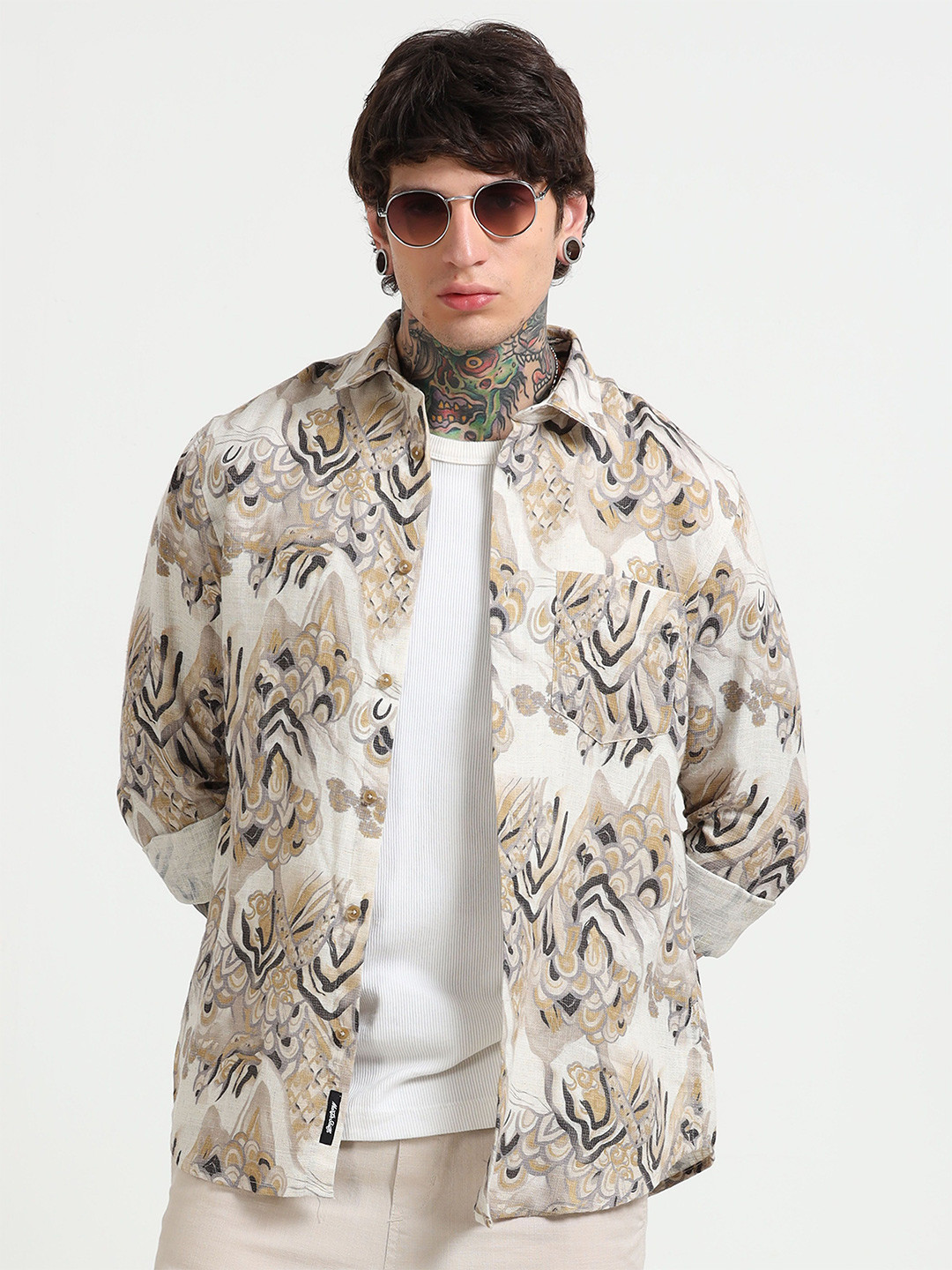 MARTIN SMITH Men Comfort Fit Abstract Printed Spread Collar Linen Casual Shirt