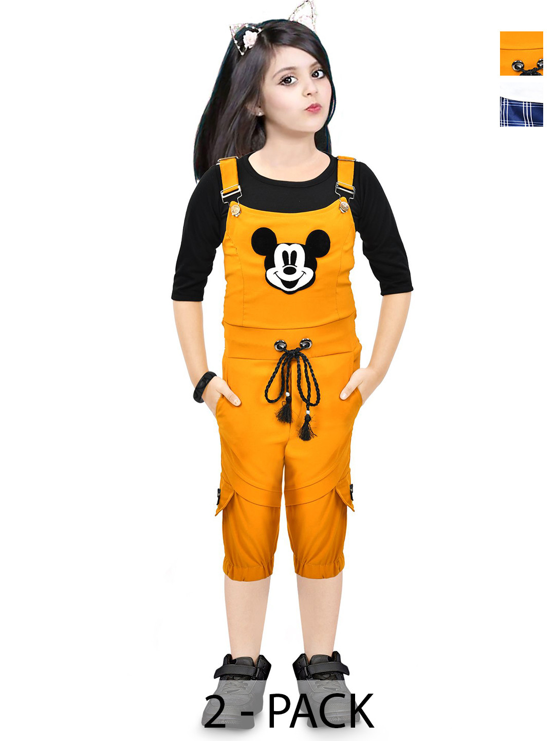 NAIVETY Girls Pack Of 2 Round Neck Top & Capris With Dungaree