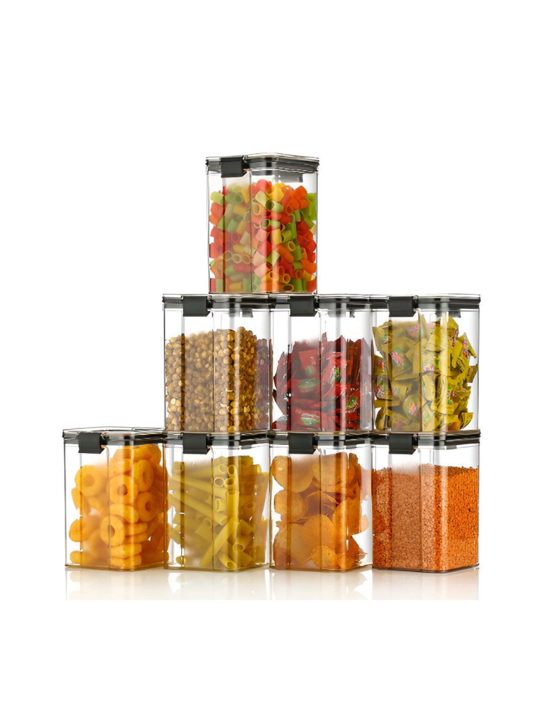 ReeQ Set of 8 Black Airtight Plastic Kitchen Storage Containers 1100 ml