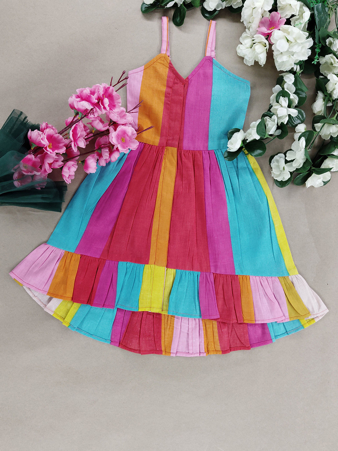 SILK SPARROW Girls Striped Gathered or Pleated Fit and Flare Knee Length Dresses