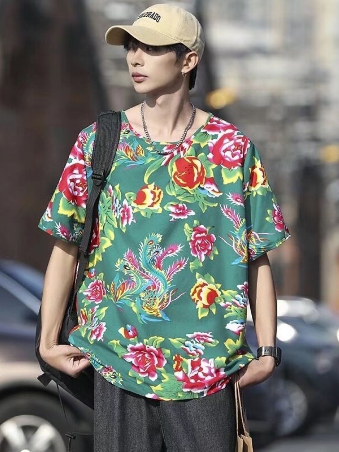 KPOP Floral Printed Scoop Neck Short Sleeves Oversized T-shirt
