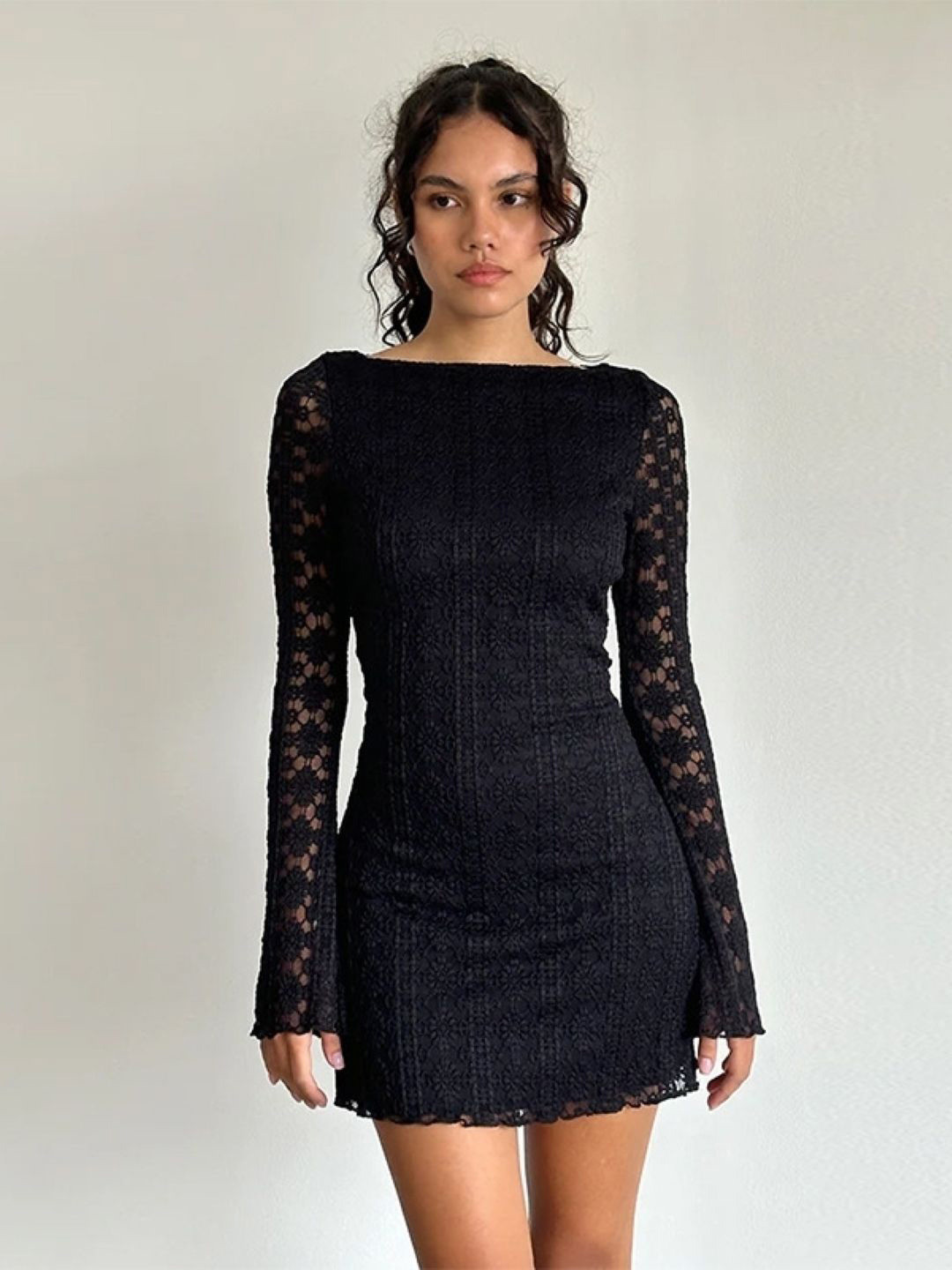 KPOP Women Boat Neck Lace Bodycon Dress