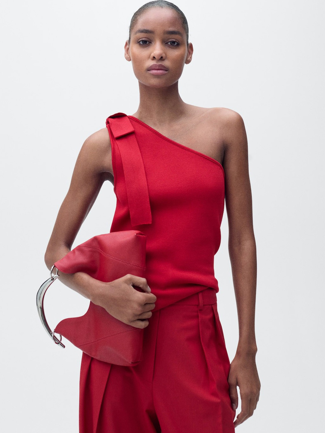 MANGO Bow Tie-Up Knit One Shoulder Top