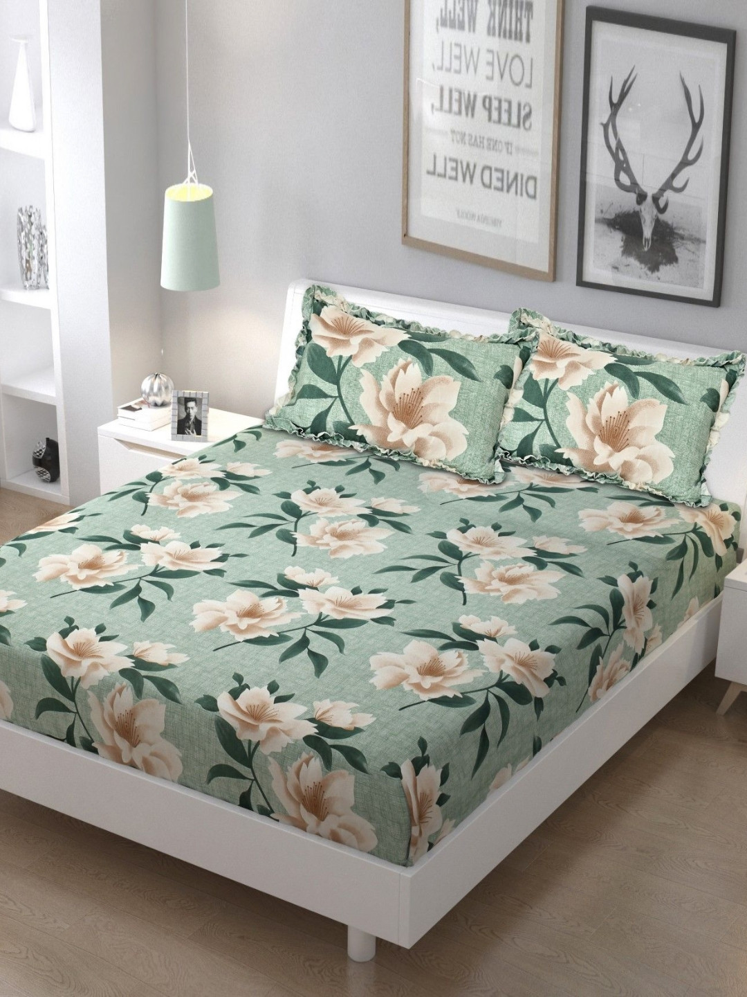 Luxmi Cotton Fabrics Green Floral Polycotton 144 TC Queen Bedsheet with 2 Pillow Covers-94 x 89 inches