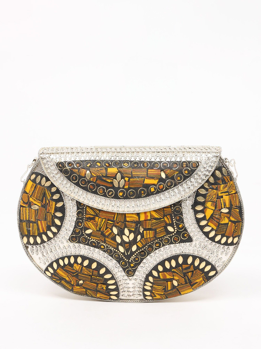 Exotic India Embellished Embroidered Half Moon Clutch With Shoulder Chain
