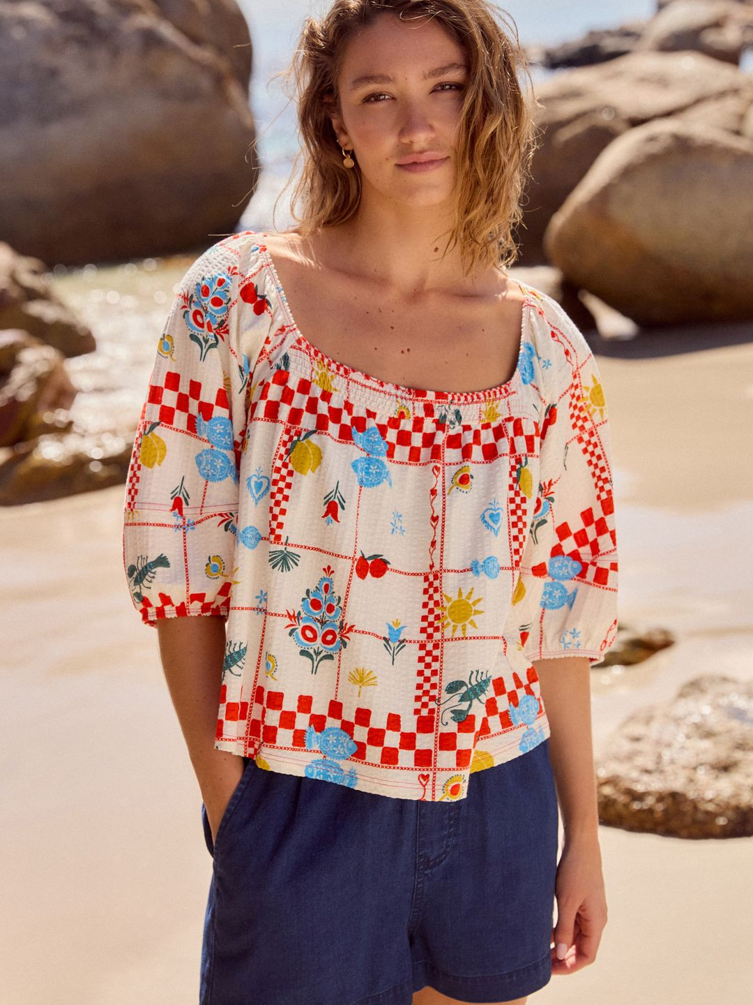 NEXT Seersucker Printed Puff Sleeve Cotton Top
