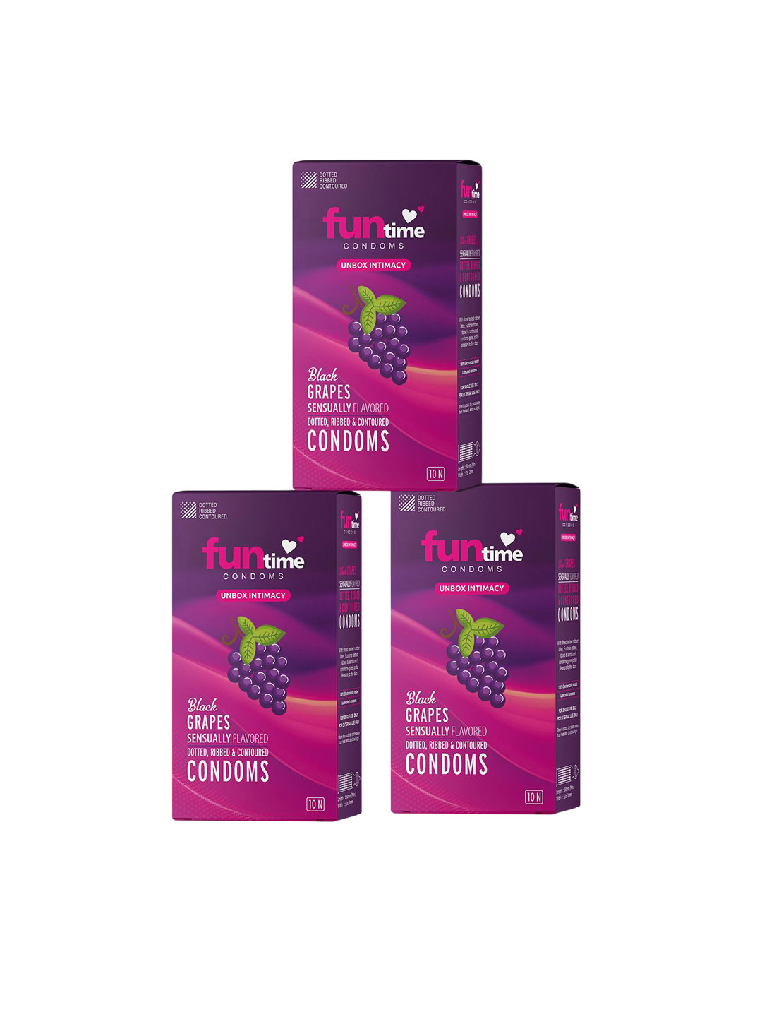 Funtime Pack of 3 Blackgrapes Flavour Long Lasting Dotted & Ribbed Condom - 30 Pcs