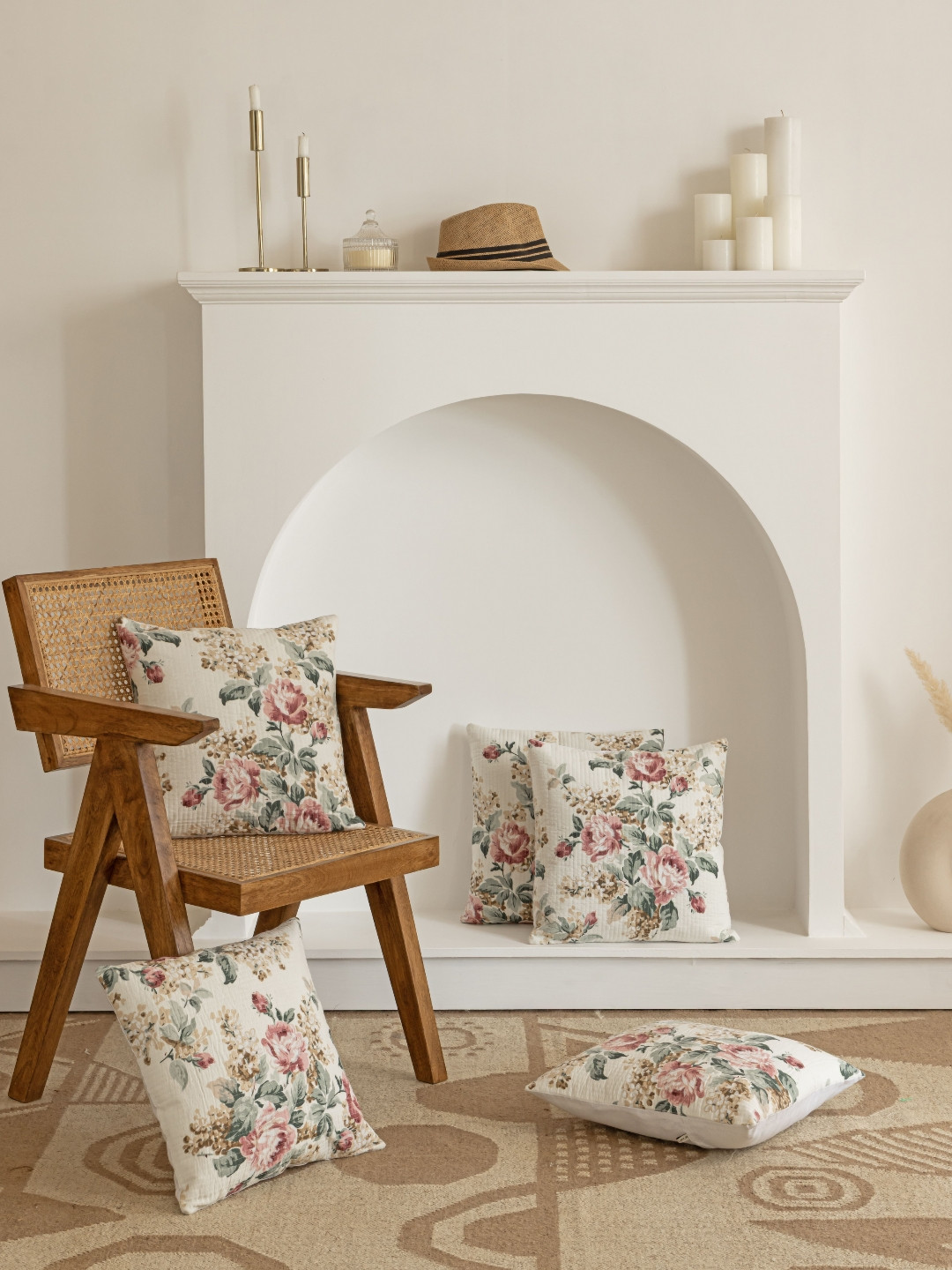 Clasiko White & Rust 5 Pieces Floral Printed Square Cotton Cushion Covers