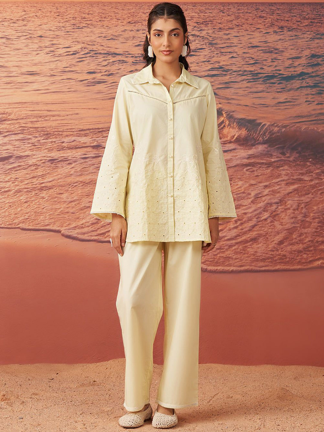 Lakshita Yellow Sorbet Embroidered Cotton Poplin Co-Ord Set