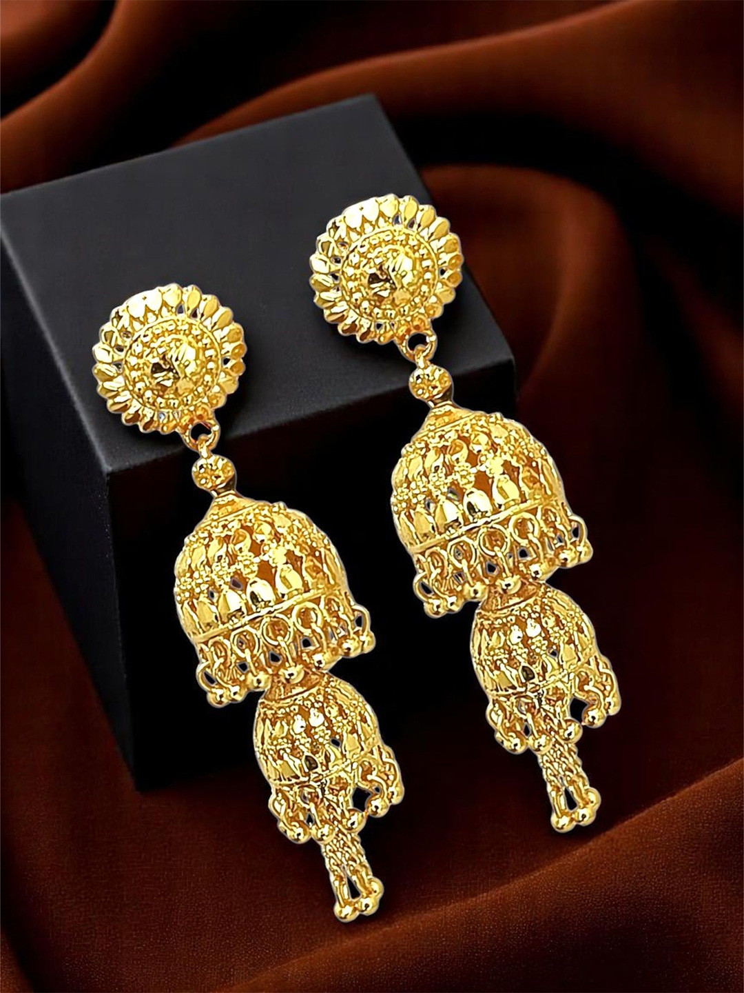 FEMMIBELLA Gold-Plated Dome Shaped Double Layered Jhumkas
