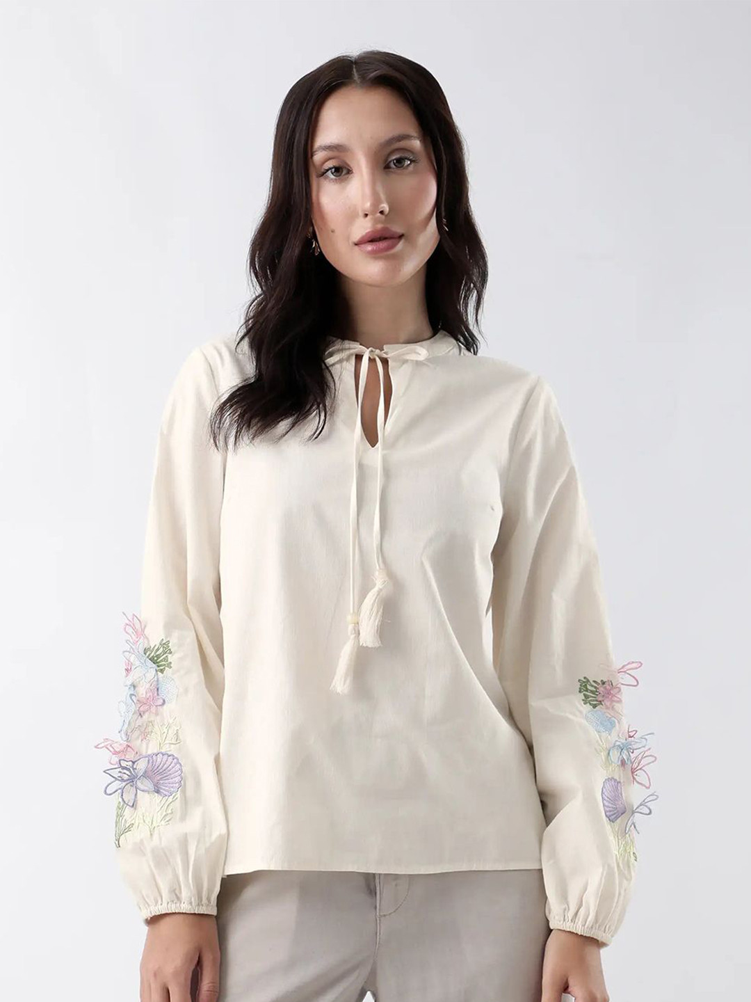 RAREISM Prenta T Women Striped Tie-Up Neck Cotton Top