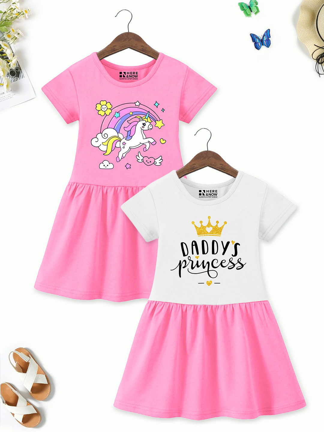 HERE&NOW Girls 2 Typography Printed Round Neck A-Line Dress