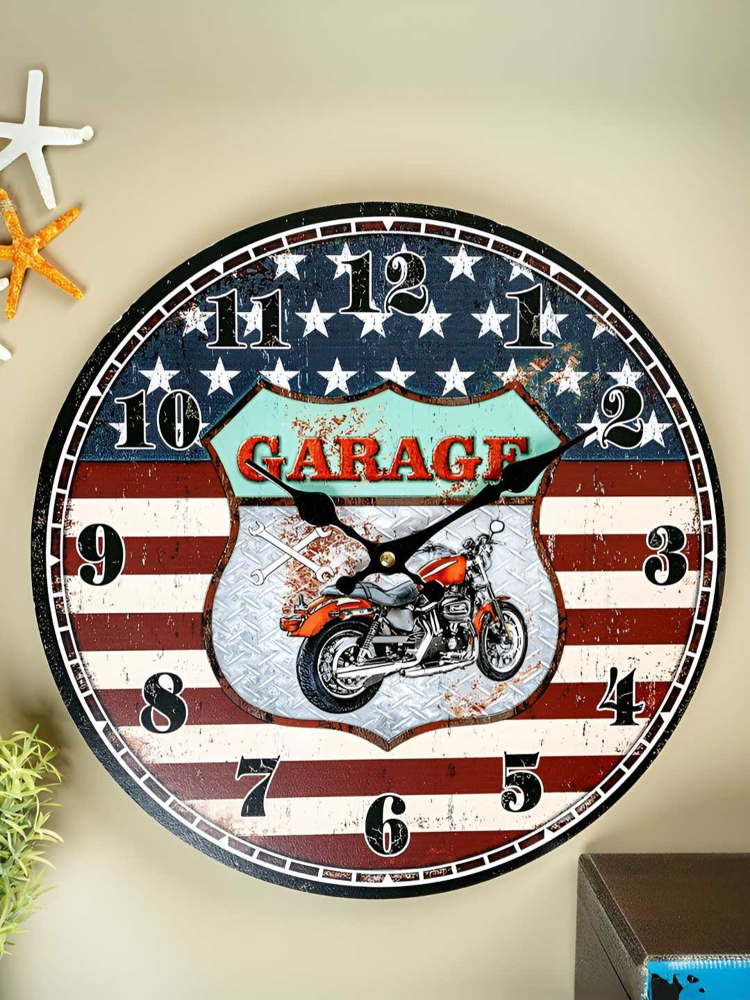 eazy wagon Retro Blue & Red Printed Round Shaped Wall Clock