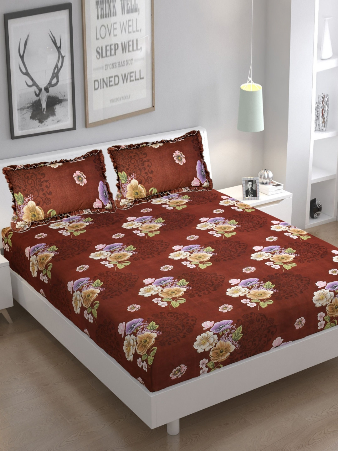 Luxmi Cotton Fabrics Brown Floral Polycotton 144 TC Queen Bedsheet with 2 Pillow Covers-240 x 225 cm