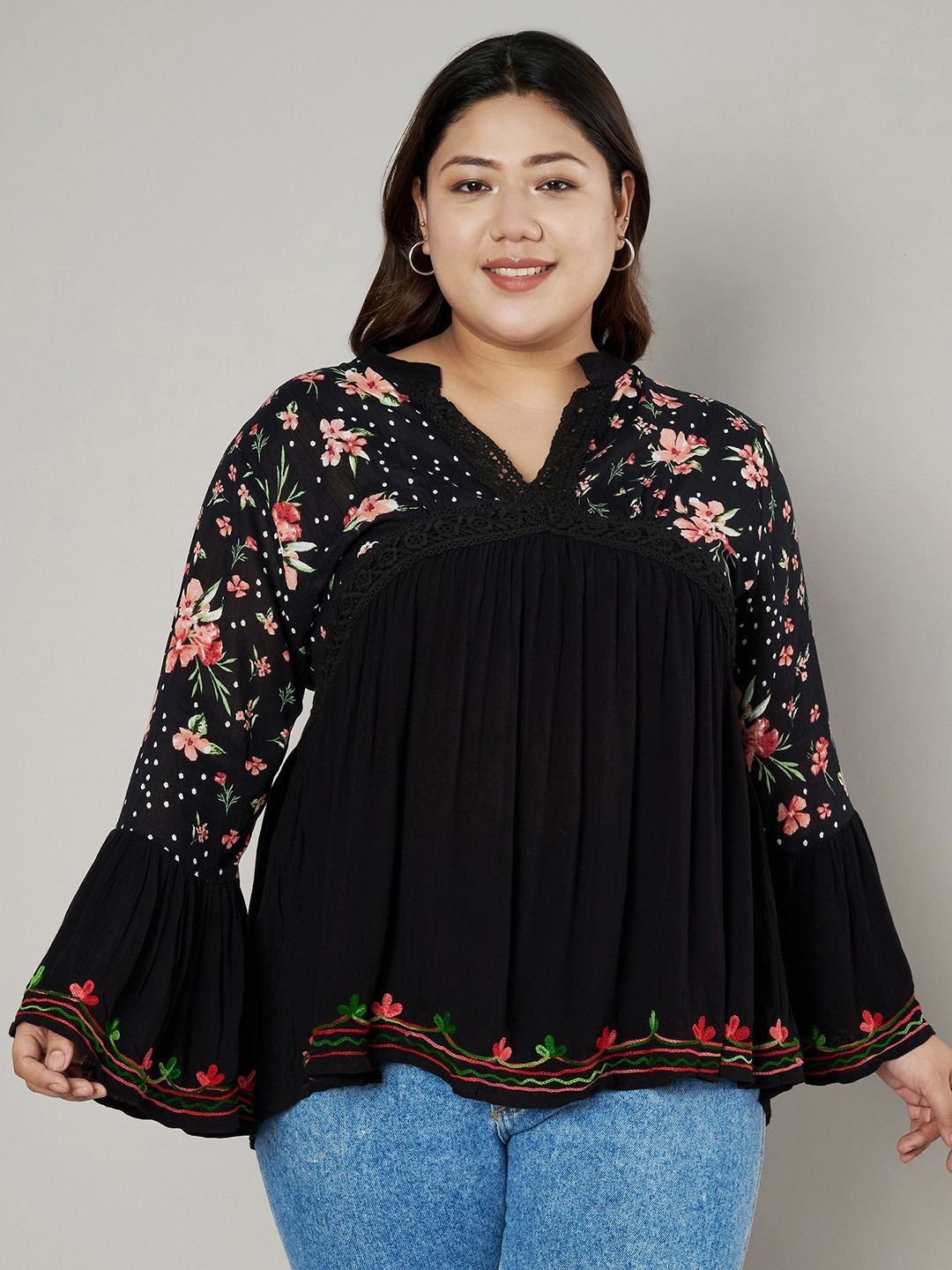 VELDRESS Women Floral Printed Plus Size Peplum Top