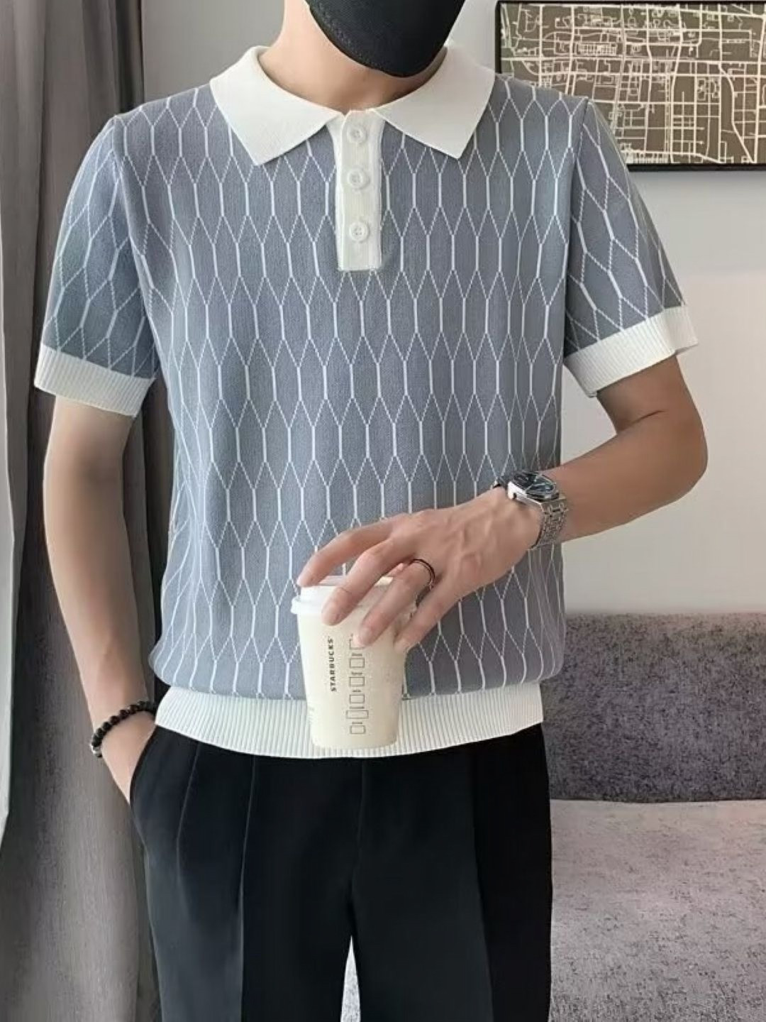 Grey Geometric Polo Collar T-shirt