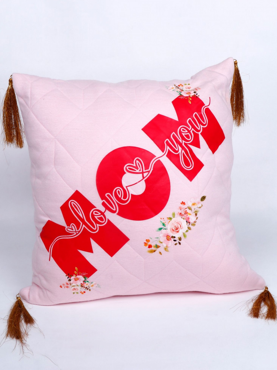Archies Pink & Red Printed Square Shaped Pre-Filled Cushion With Tassels