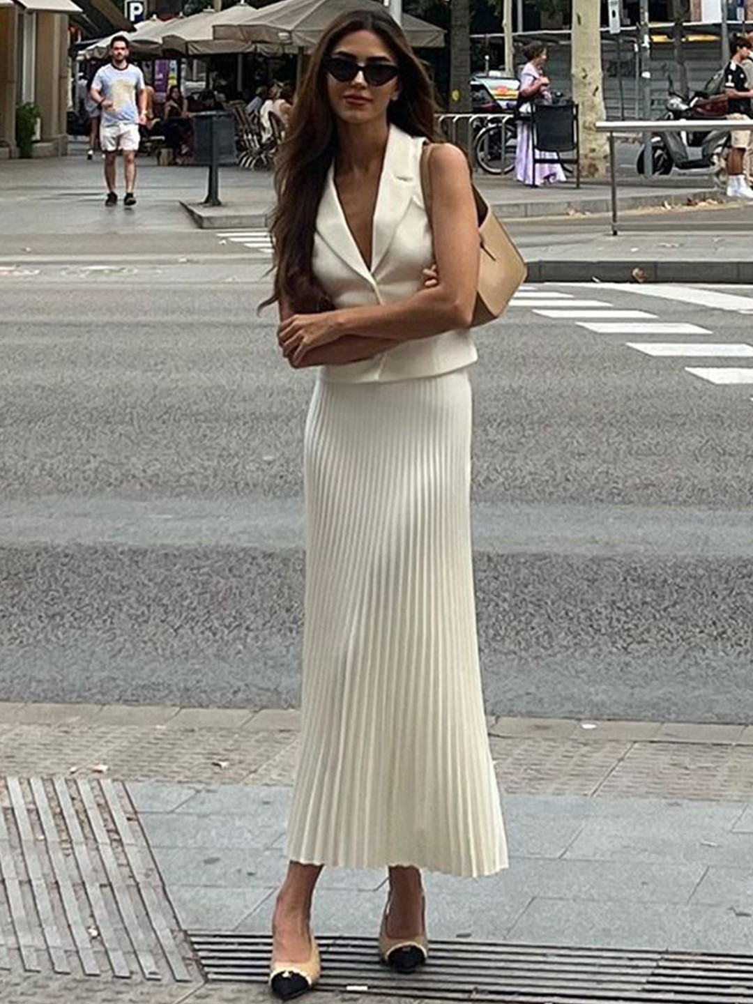 bebe Sleeveless Notch Lapel Top With Accordion Pleat Midi Skirt Co-ord Set