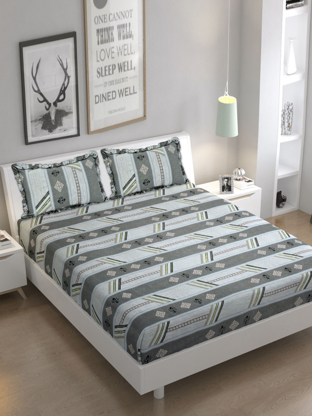 Luxmi Cotton Fabrics White Geometric Polycotton 144 TC Queen Bedsheet with 2 Pillow Covers-94 x 89 inches