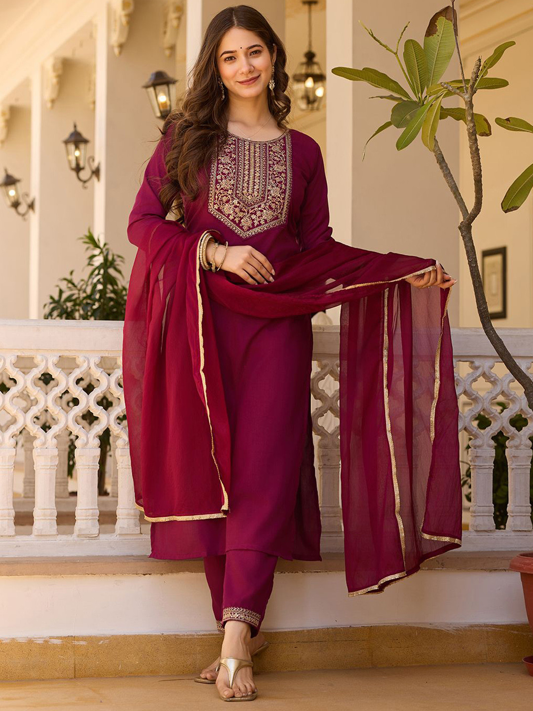 JAPNAAM Ethnic Motifs Embroidered Sequinned Straight Kurta with Trousers & Dupatta
