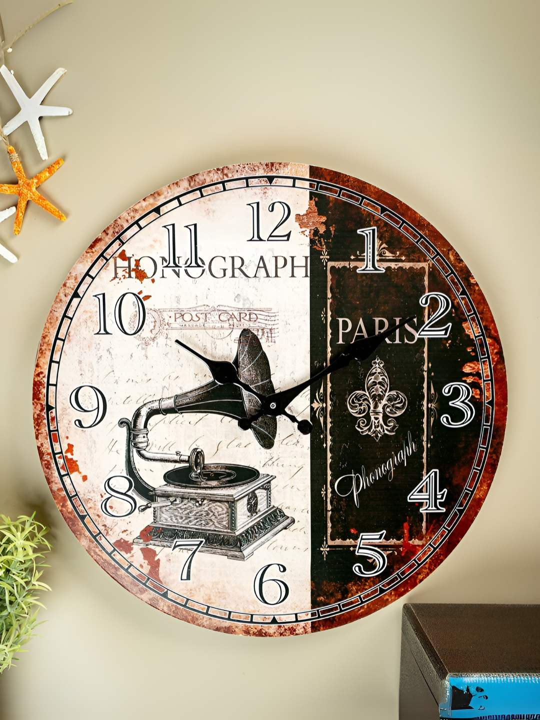 eazy wagon Retro White & Black Printed Round Shaped Wall Clock