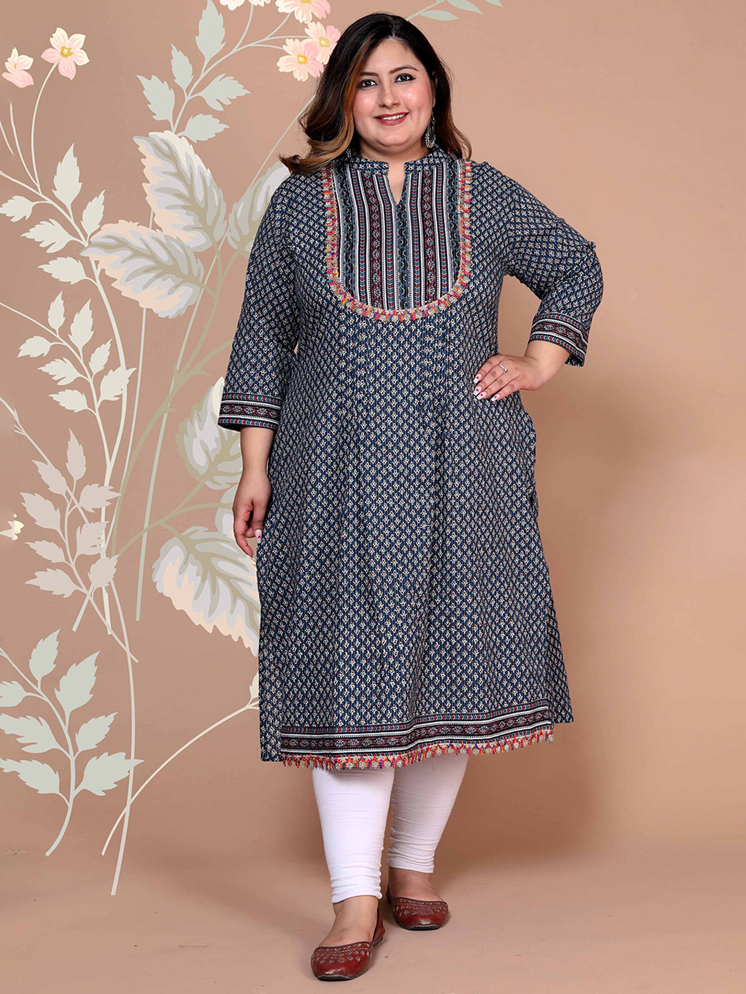 MEHKFAB Women Floral Printed Screen Print Festive Cotton Straight Plus Size Kurta