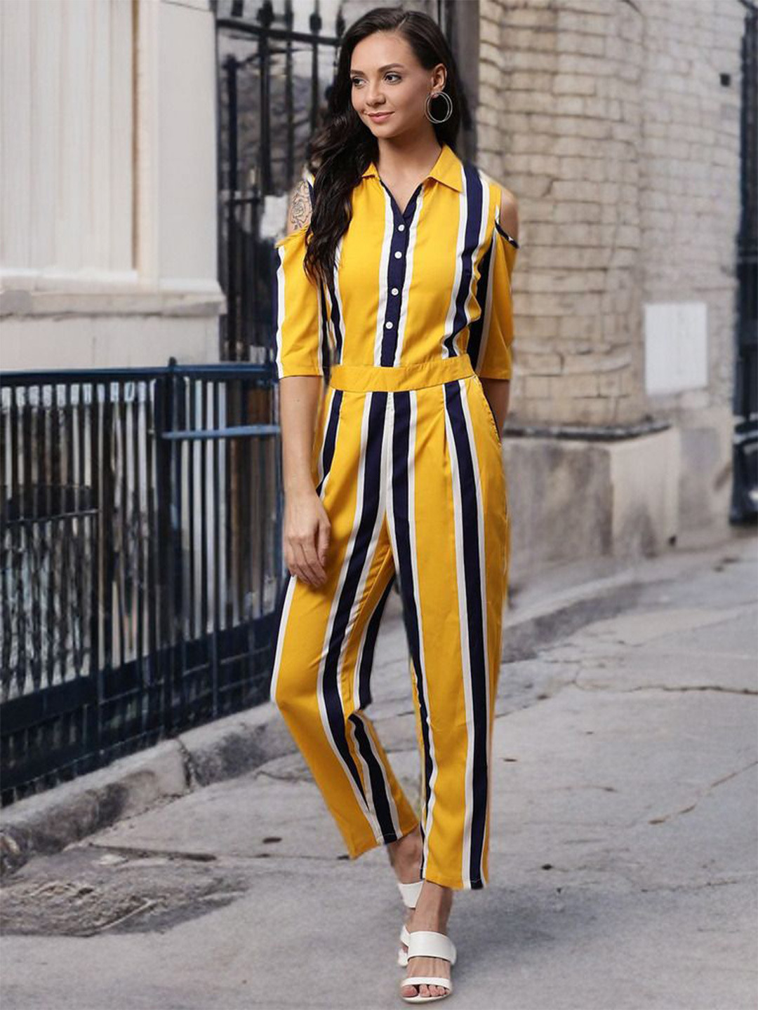 Deewa Women Striped Cold-Shoulder Basic Jumpsuit