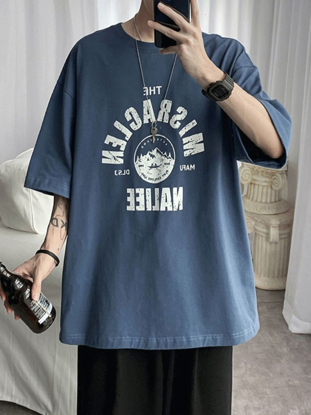 Blue Typography Printed Oversized Cotton T-shirt