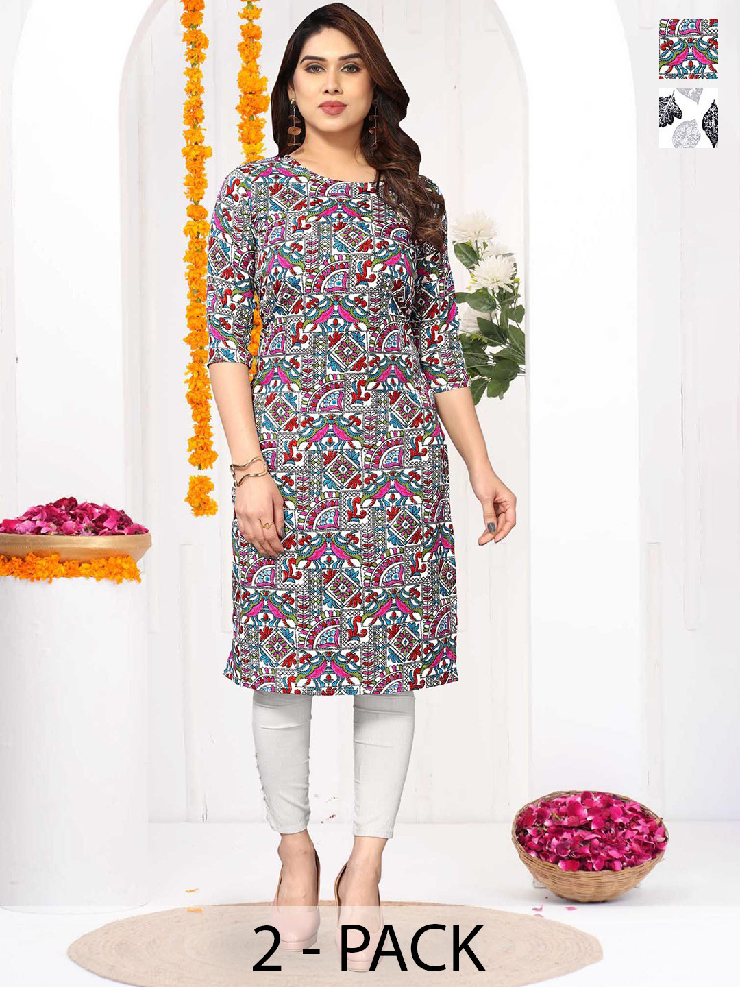 Moda Rapido Selection Of 2 Ethnic Motifs Printed Round Neck Straight Kurtas