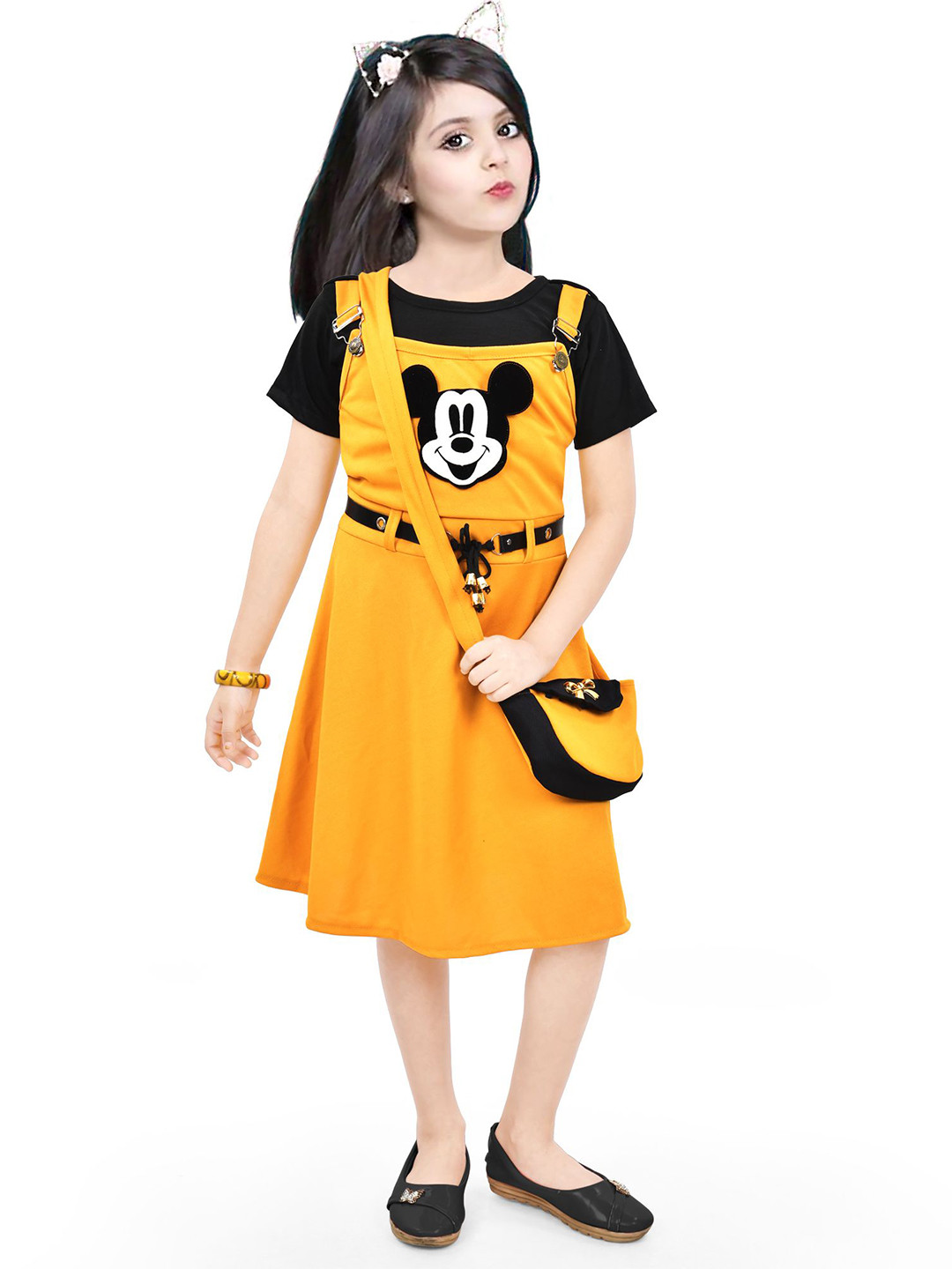 NAIVETY Girls Mickey Mouse Embroidered Shoulder Straps A-Line Dress With T-shirt