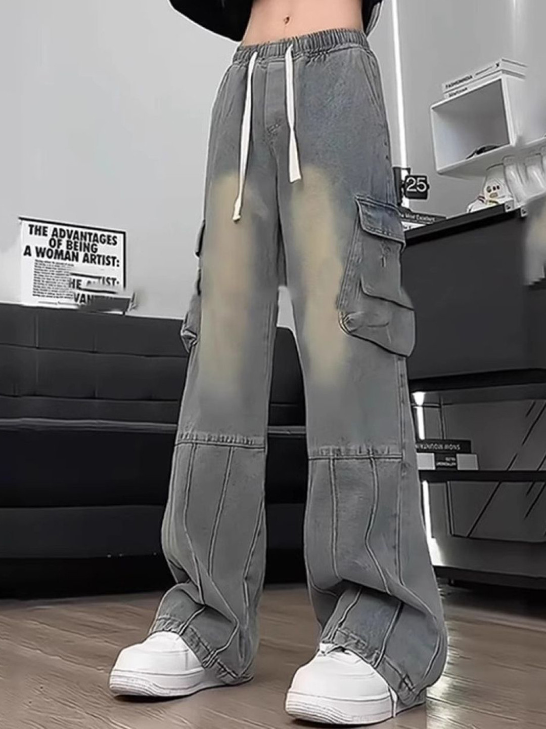 KPOP Men Wide Leg Mid-Rise Light Fade Cotton Cargo Jeans
