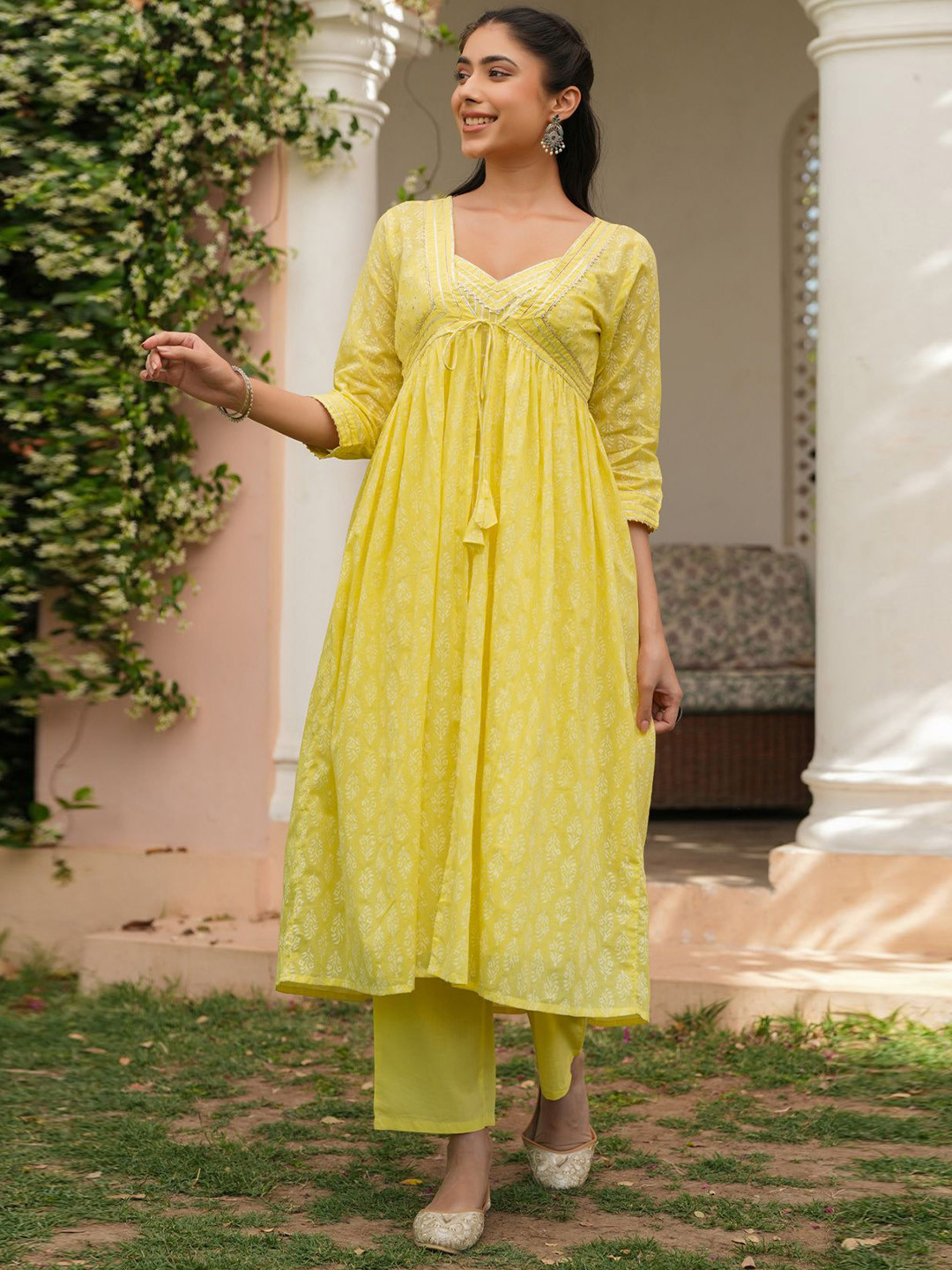 SCAKHI Women Yellow Cotton Mulmul Khari Printed Shrug, Kurta & Pant Set Kurta Sets