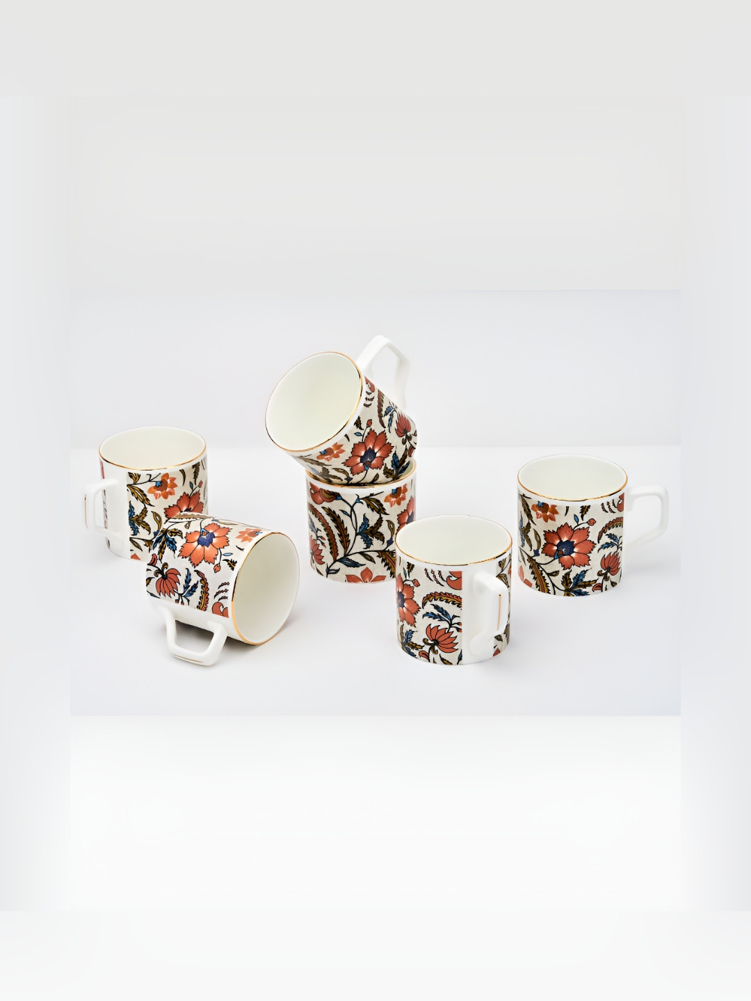 GOLDEN QUEEN'S New Modern Design Orange Floral Ceramic Microwave Safe 6 Piece Cups-200ml