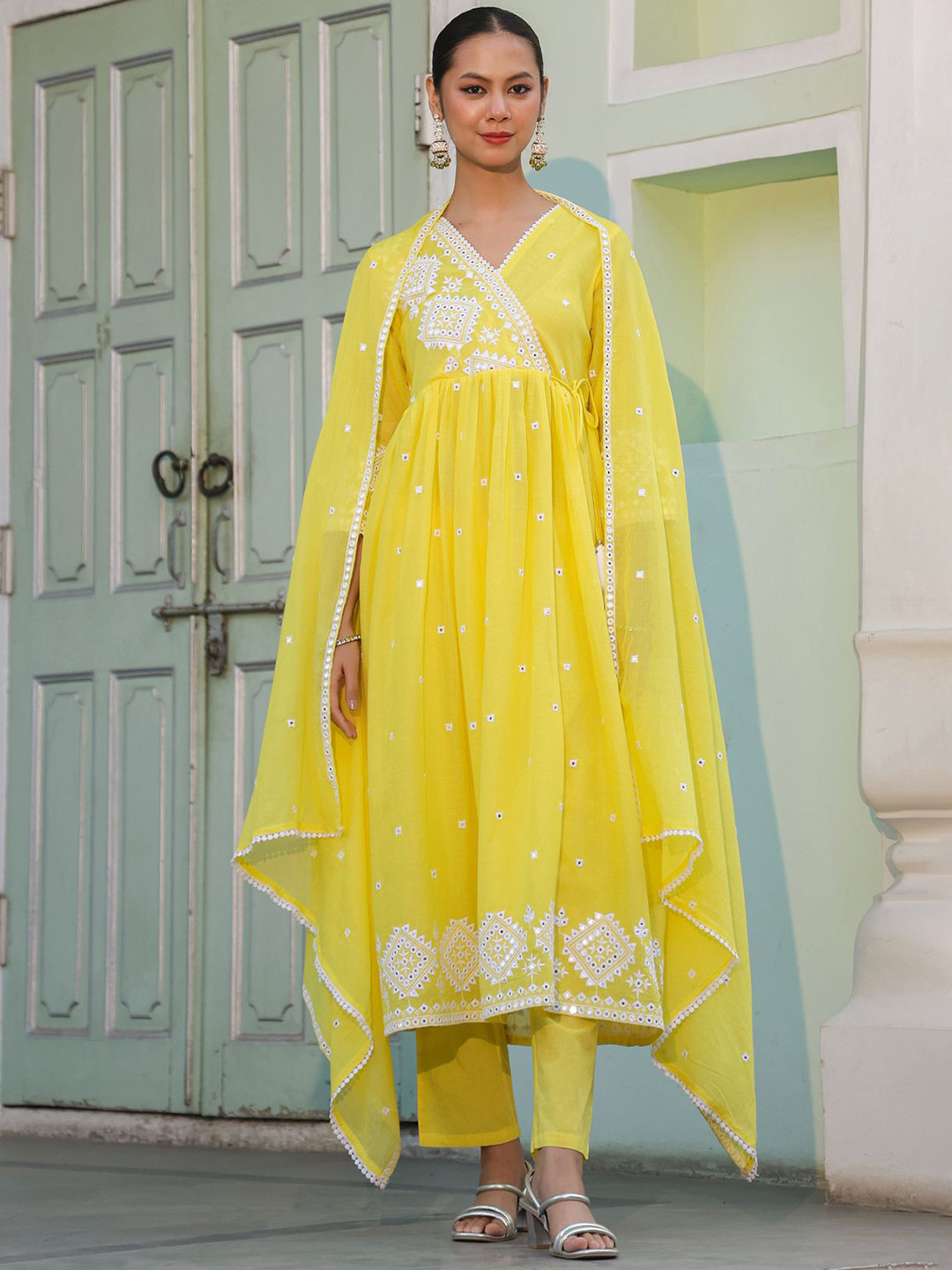 SCAKHI Women Lemon Mulmul Mirror Embroidered Angrakha Suit Set
