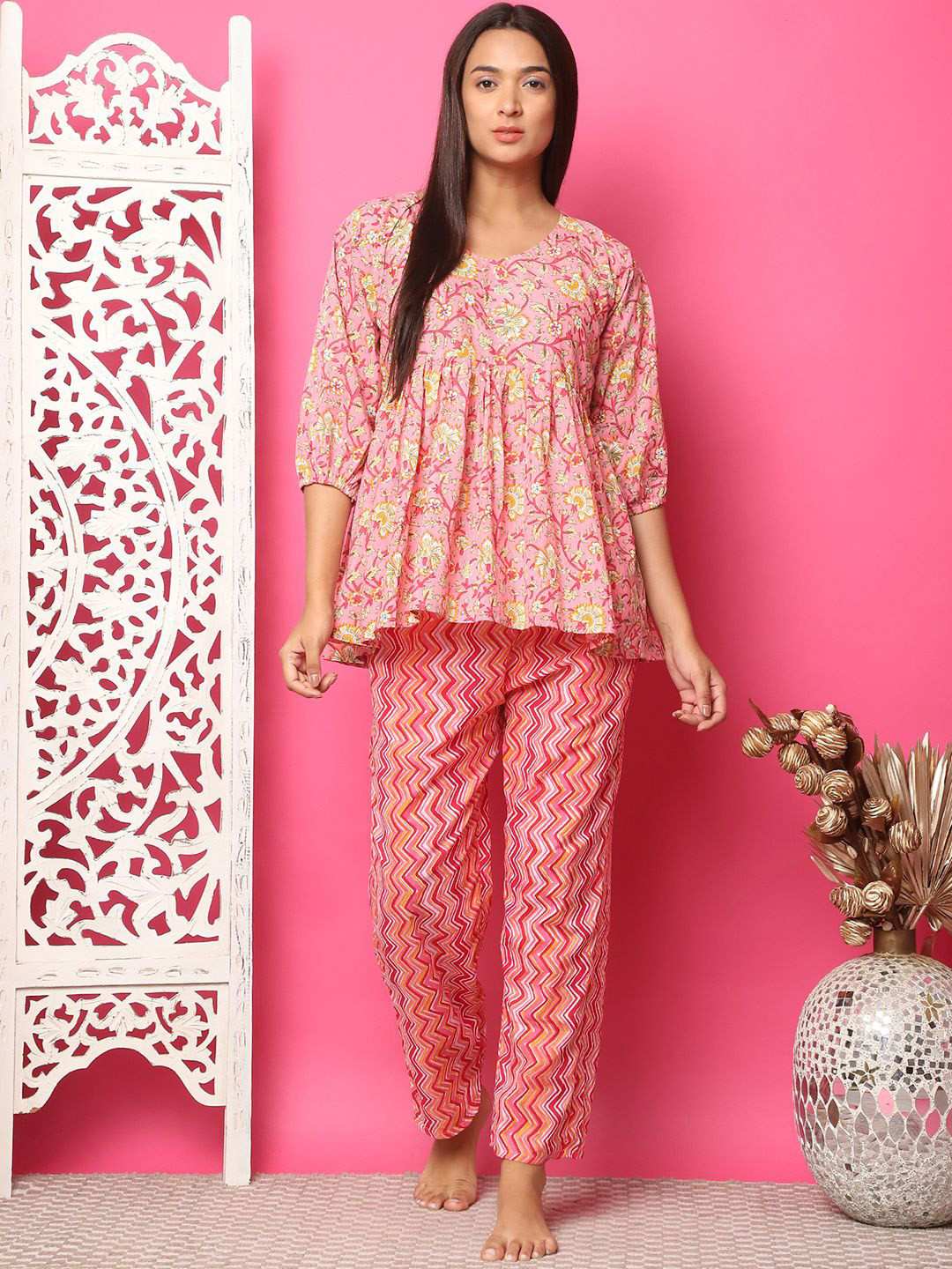 ETC Floral Printed Cotton Peplum With Pant Set