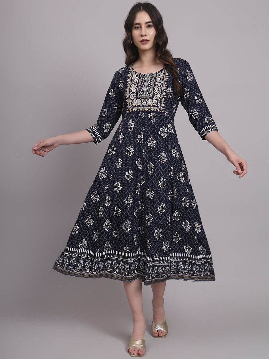 aayusika Printed & Embroidered Work Midi Dress