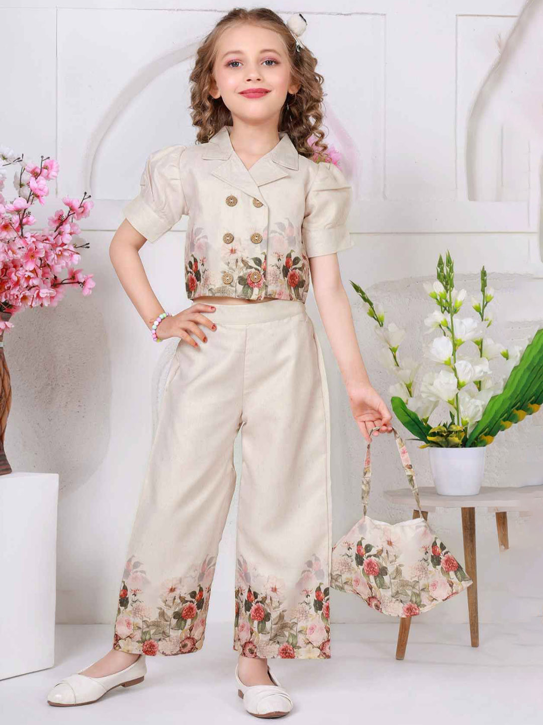 Lagorii Girls Floral Printed Top & Wide Legged Pant Set With Hand Bag
