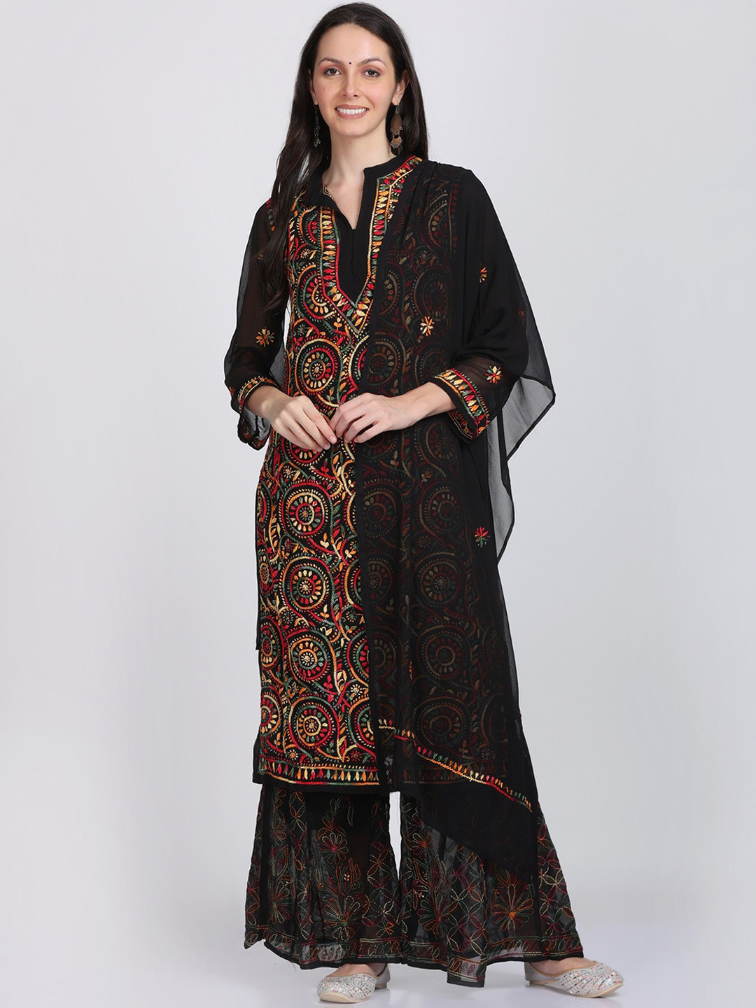 KHAKA Mandarin Collar Chikankari Georgette Straight Kurta With Sharara And Dupatta